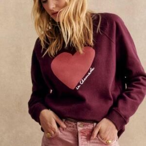 Sezane Burgundy La Chamade Pink Heart Chic Edgy Feminine Cotton Crew Size Small
